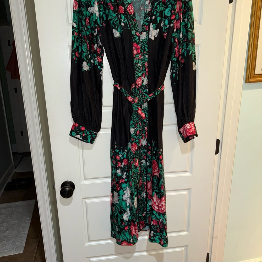 Anthropologie Green and Red Sheath Dress with Bishop Sleeves and V-Neck xl - Picture 3 of 9